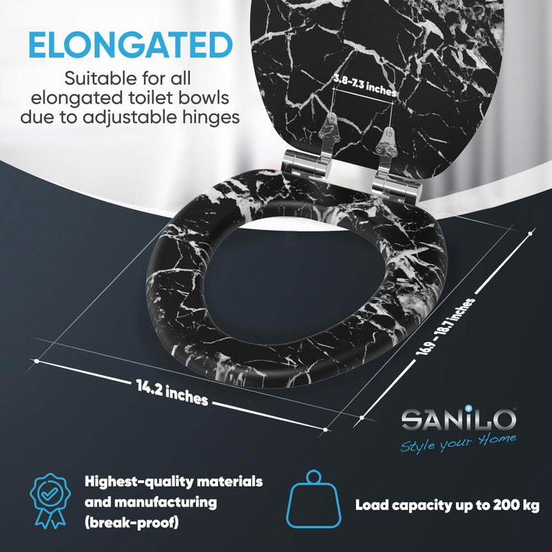 SANILO Wooden Toilet Seat with Soft Close [ELONGATED] - Decorative, Quiet & Slow Close Molded Wood Seat - With Strong Bumpers & Hinges - Adjustable Fit - Marble Black - Image 3
